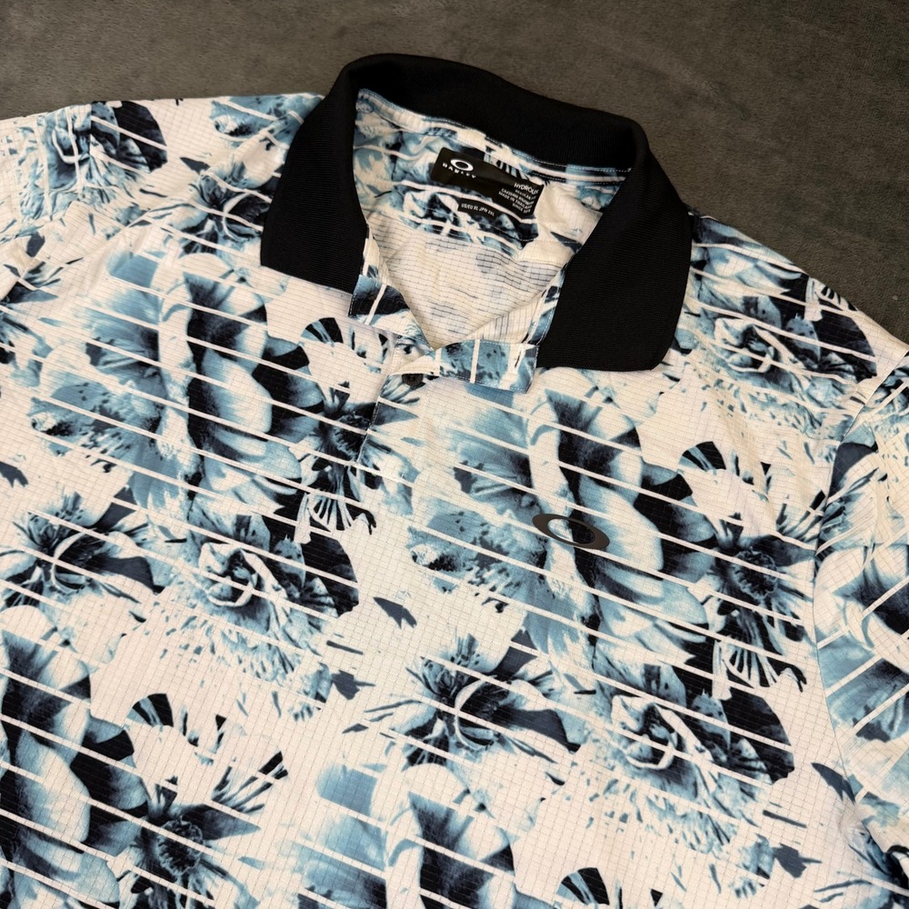 Oakley Hydrolix Polo Shirt Mens Extra Large White Blue Floral Stripe Golf